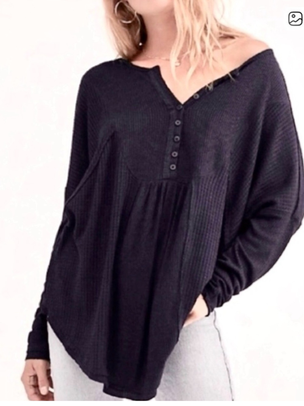 Free People Black Waffle Henley Long Sleeve Top M